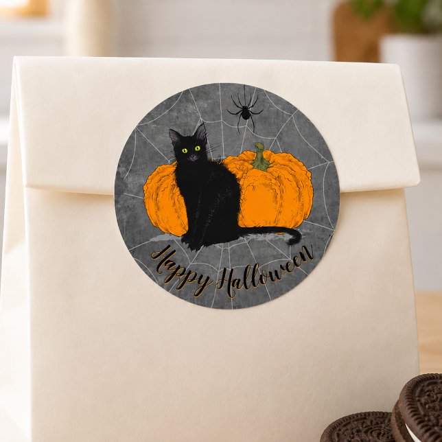 Sticker Rond Chat noir vintage Joyeux Halloween (Vintage Black Cat Happy Halloween Classic Round Sticker)