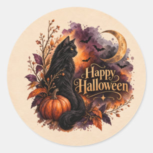 Sticker Rond Chat noir vintage Joyeux Halloween Aquarelle Rond