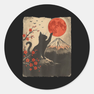 Sticker Rond Chat Noir Vintage Rétro Art Japon Thème Japonais G
