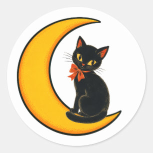 Sticker Rond Chat noir vintage sur Halloween en croissant de lu