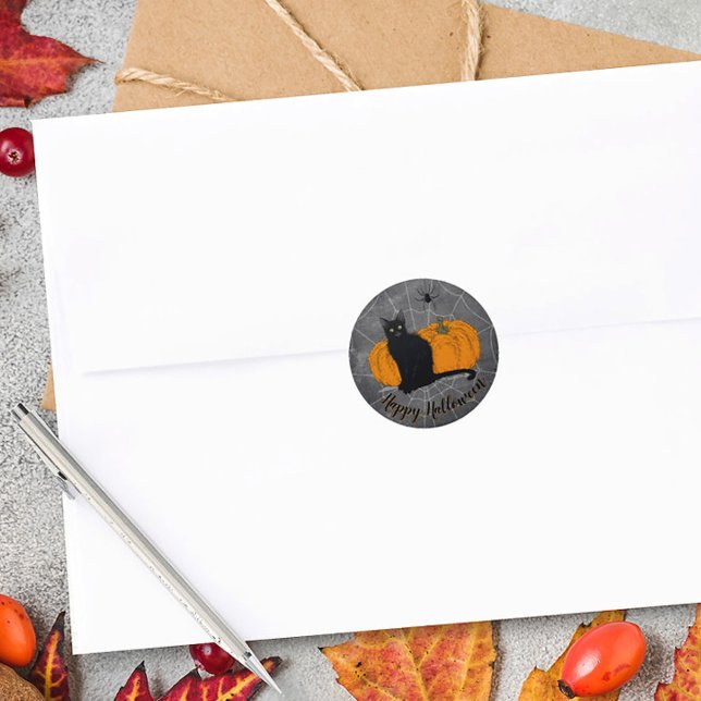 Sticker Rond Chat noir Whimsical Happy Halloween (Black Cat Halloween Sticker)