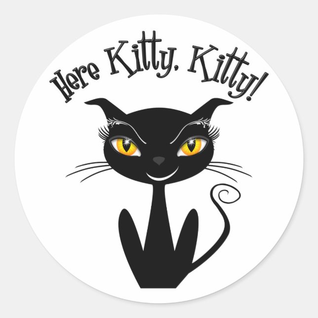 Sticker Rond Chat Noir Whimsical Ici Kitty, Kitty ! (Devant)