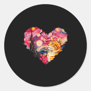 Sticker Rond Chat Nuit Étoilée Van Gogh Rose Rouge Saint-Valent