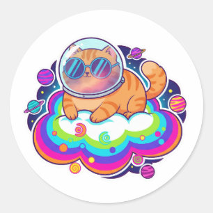 Sticker Rond Chat orange astronaute cool dans l'espace sur un n