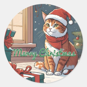 Sticker Rond Chat orange avec chapeau de Noël mignon Animal de