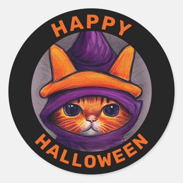 Sticker Rond Chat orange avec sorcière violette Casquette Hallo (Devant)