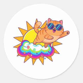 Sticker Rond Chat Orange Drôle Blep Langue Sortie Nuage Arc-en-