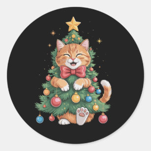 Sticker Rond Chat orange gingembre arbre de Noël mignon Noël 
