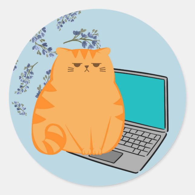 Sticker Rond Chat orange qui travaille (Devant)