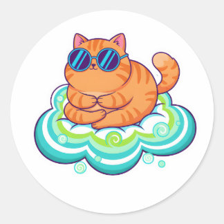 Sticker Rond Chat orange Zen méditant sur un nuage sarcelle