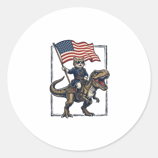 Sticker Rond Chat Patriotique à Cheval sur un Dinosaure Design  (Devant)