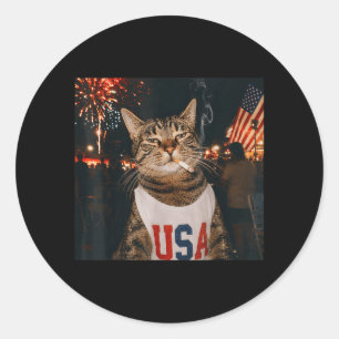 Sticker Rond Chat patriotique fumant une cigarette le 4 juillet