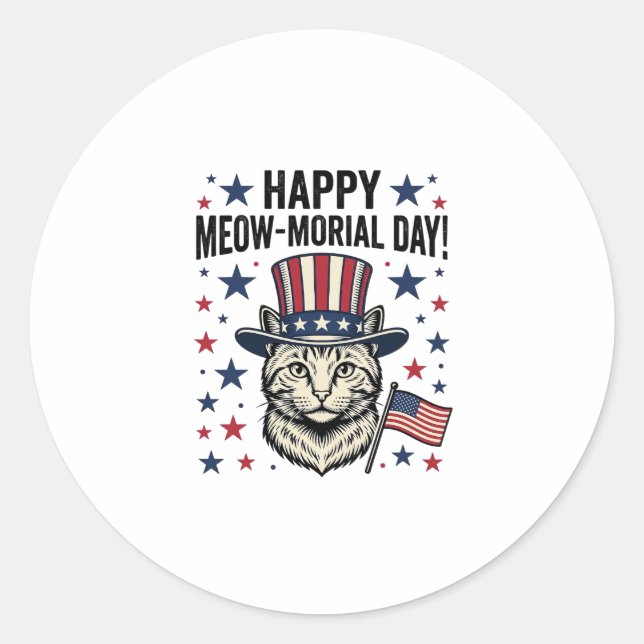 Sticker Rond Chat Patriotique Meow-Morial Day Design Vector Vin (Devant)