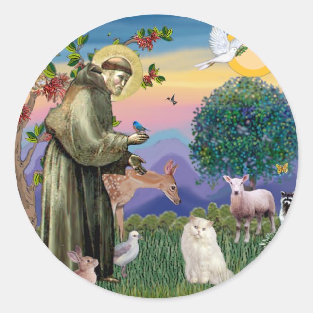 Sticker Rond Chat Persan blanc - Saint François (Devant)