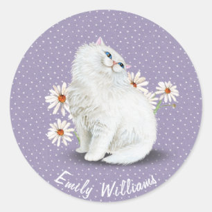 Sticker Rond Chat perse blanc sur des points d'épingle