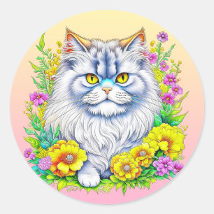 Sticker Rond Chat perse en Fleurs Jaunes et Roses