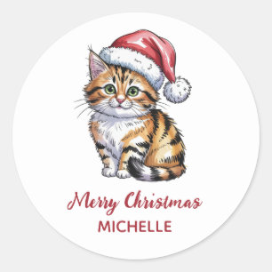 Sticker Rond Chat personnalisé avec chapeau de Père Noël Noël