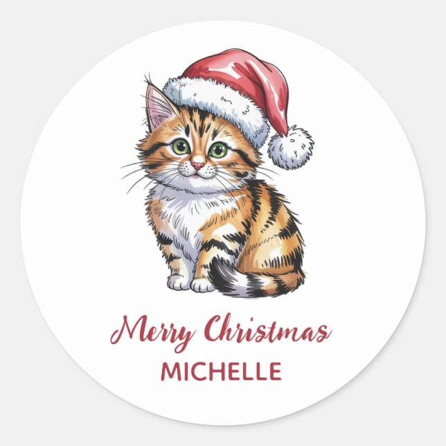 Sticker Rond Chat personnalisé avec chapeau de Père Noël Noël  (Devant)