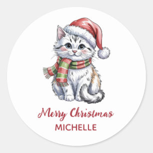 Sticker Rond Chat personnalisé avec chapeau de Père Noël Noël 