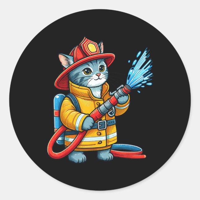 Sticker Rond Chat pompier Chat pompier Amoureux des animaux Cha (Devant)