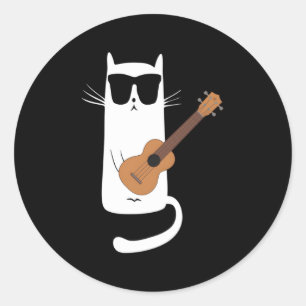 Sticker Rond Chat Portant des lunettes de soleil Jouer Ukulele