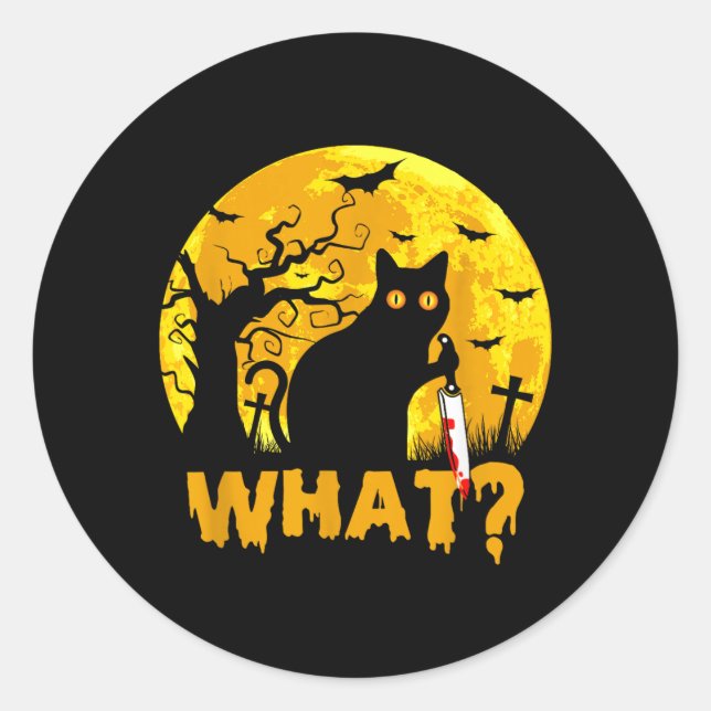 Sticker Rond Chat Quoi_ Halloween Chat Noir Avec Couteau - Drôl (Devant)