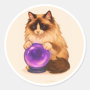 Sticker Rond Chat Ragdoll avec boule de cristal violette