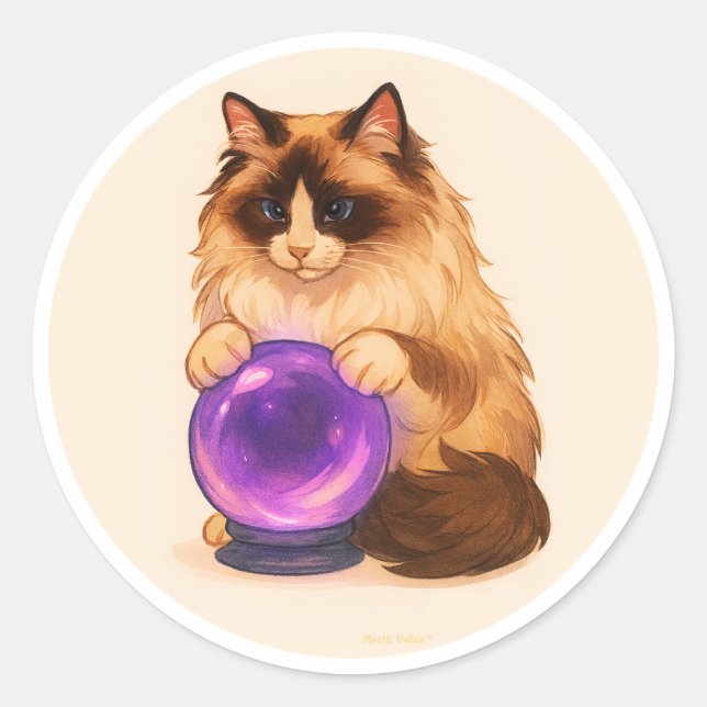 Sticker Rond Chat Ragdoll avec boule de cristal violette (Devant)