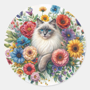 Sticker Rond Chat Ragdoll parmi des fleurs colorées à l'aquarel
