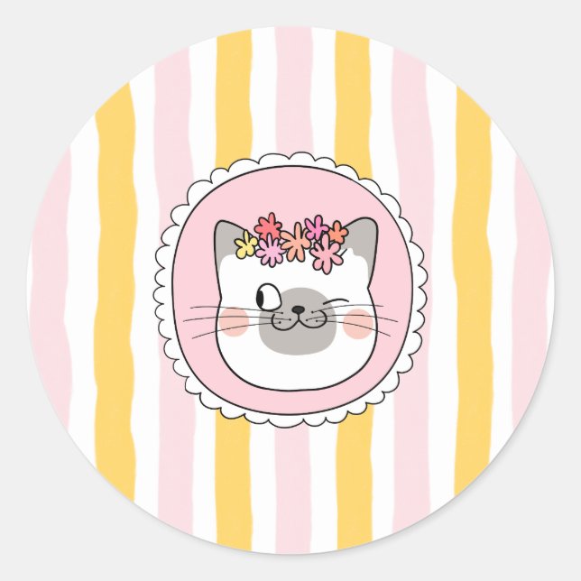 Sticker Rond Chat rayures jaunes roses (Devant)