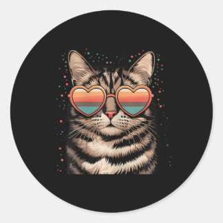Sticker Rond Chat Rétro Avec Lunettes Cœur Amour Chat Mignon Va