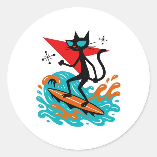 Sticker Rond Chat Rétro Drôle Faisant du Surf Thème Rétro Milie (Devant)