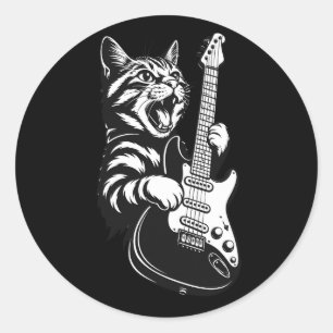 Sticker Rond Chat Rock Jouant de la Guitare Électrique Amour