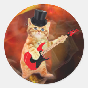 Sticker Rond Chat Rocker avec chapeau et guitare