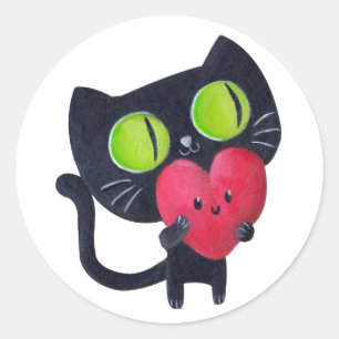 Sticker Rond Chat romantique embrassant Red Cute Heart