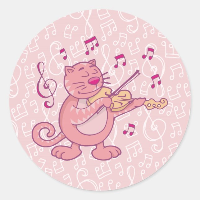 Sticker Rond Chat rose avec Violon (Devant)