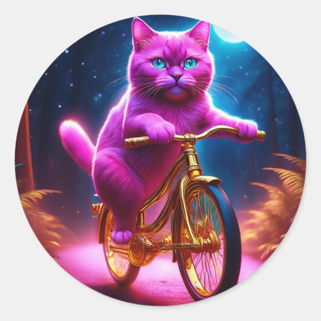 Sticker Rond Chat Rose Sur Vélo D'Or (Devant)