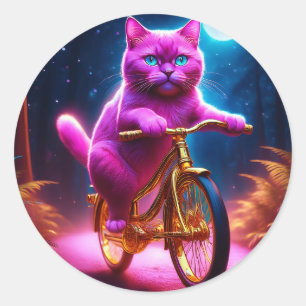 Sticker Rond Chat Rose Sur Vélo D'Or