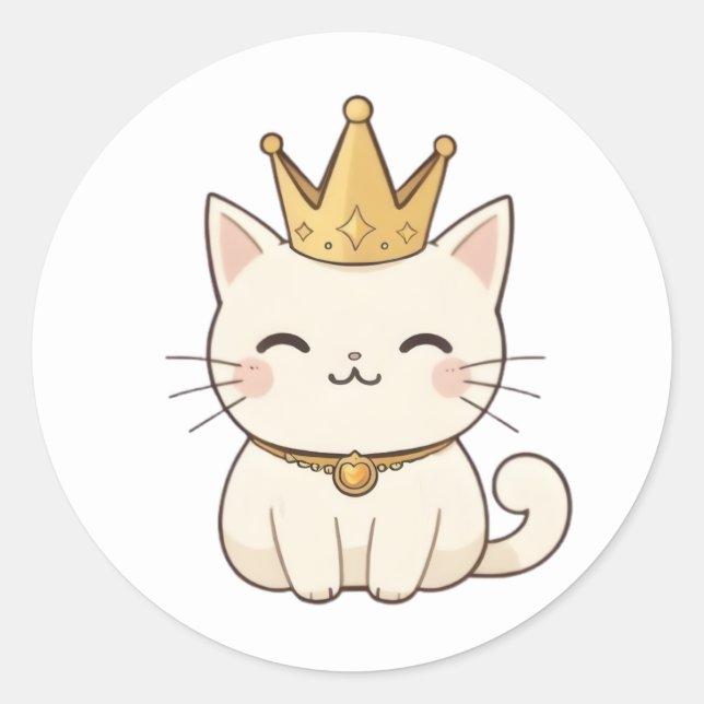 Sticker Rond Chat royal avec couronne dorée Design Kawaii (Devant)