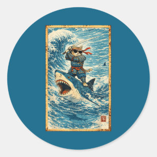 Sticker Rond Chat Samouraï montant un requin Rétro Vague Guerri