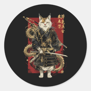 Sticker Rond Chat Samurai Avec Dragon Kanji