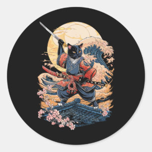 Sticker Rond Chat Samurai Chat japonais Anime Ninja