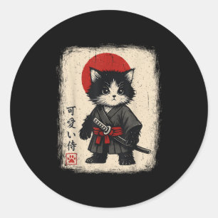 Sticker Rond Chat Samurai Japonais Vintage Kawaii Chats Amoureu