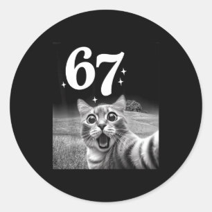 Sticker Rond Chat selfie avec mème 67 drôles de chats graphique