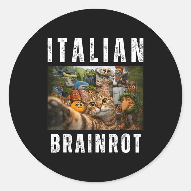 Sticker Rond Chat selfie avec mème drôle de brainrot italien (Devant)