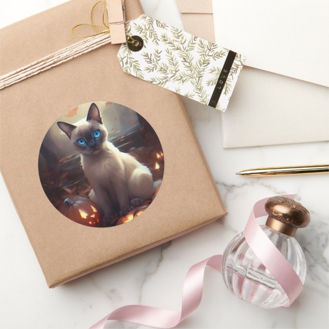 Sticker Rond Chat Siamais Halloween Avec Peur Citrouille (Cadeaux)