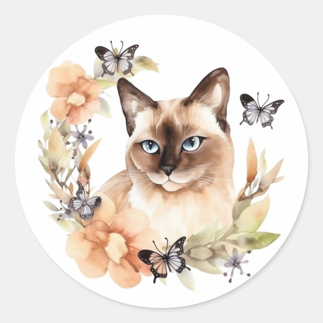 Sticker Rond Chat siamois aquarelle (Devant)