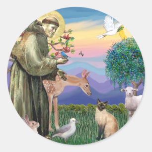 Sticker Rond Chat siamois et Saint François