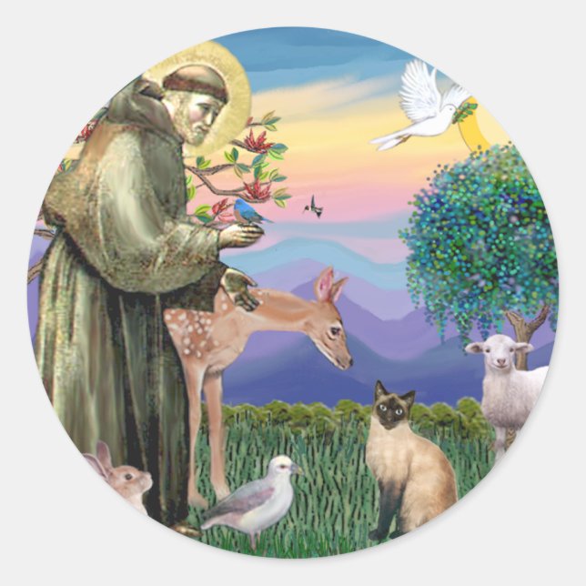 Sticker Rond Chat siamois et Saint François (Devant)