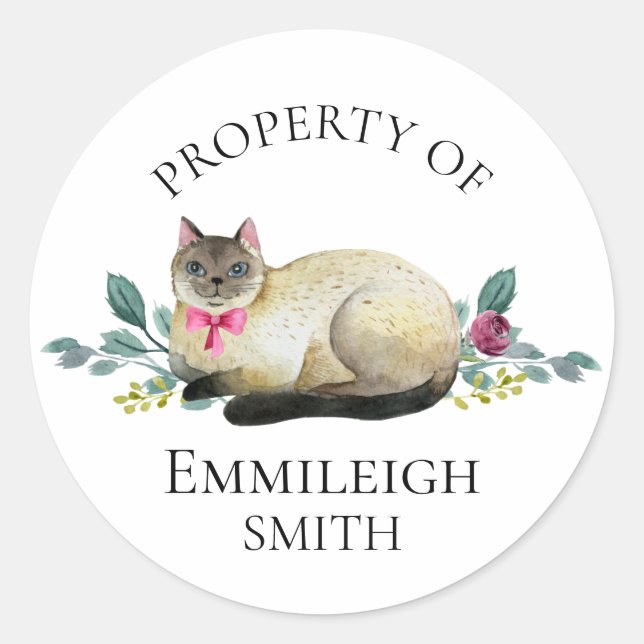 Sticker Rond Chat siamois floral propriété de l'ex-libris (Devant)